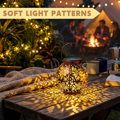 2 Pack JOIEDOMI Outdoor Solar Hanging Lantern Lights, Waterproof Tabletop with Handle, LED Moroccan Lanterns, Metal