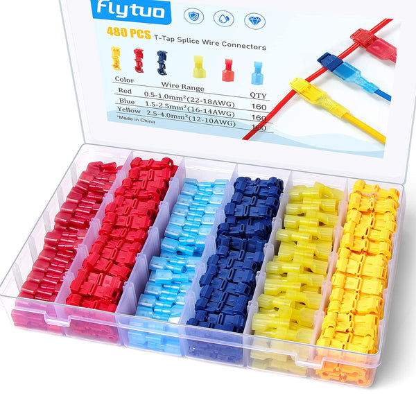 480PCS T-Tap Wire Connectors Assortment Kit, Insulated Male Quick Disconnect Spade Terminals, Self-Stripping Quick