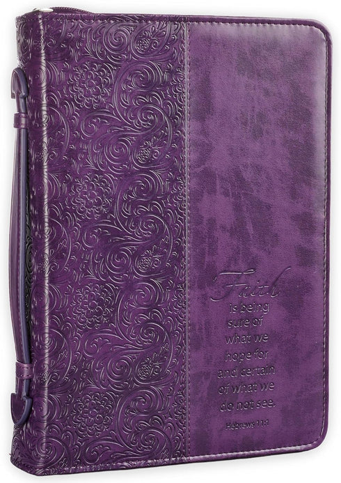 Christian Art Gifts Women's Fashion Bible Cover Faith Hebrews 11:1, Purple Paisley Faux Leather, XL