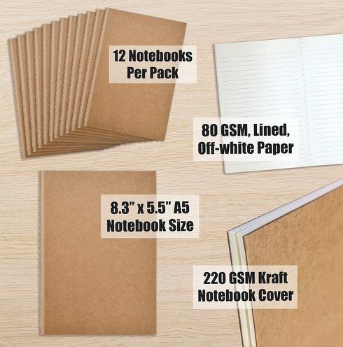 Better Office Products Kraft Notebooks, Bulk Pack 8.3 in x 5.5 in, A5 Size, 60 Lined Ivory Pages, Soft Cover