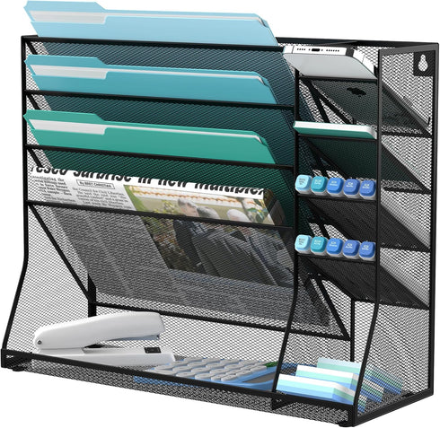 Wall Mounted File Organizer, 5-Tier Desk Organizer with 4 Pen Holders, Mesh Desk Organizers for Office Supplies with