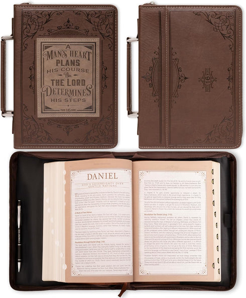 Christian Art Gifts Men's Classic Bible Cover - A Man’s Heart Proverbs 16:9, Brown/Tan Faux Leather, Medium