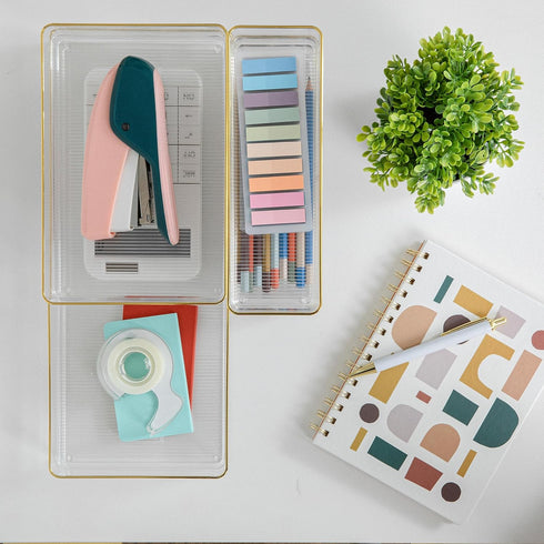 Martha Stewart Kerry Plastic Stackable Office Desk Drawer Organizers, Set of 5 with Gold Trim