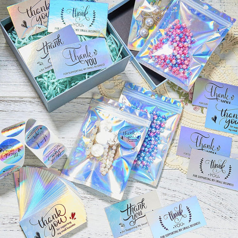 620Pcs Packaging Thank You Cards and Stickers for Supporting My Small Business, Holographic Thank You Labels for Your