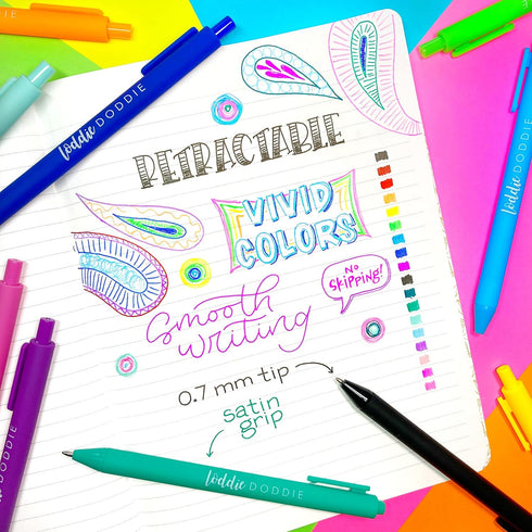 Loddie Doddie 18 Bright Color Retractable Gel Pens with Satin Barrel - Fine Point for Journals, Notebooks, Planners,