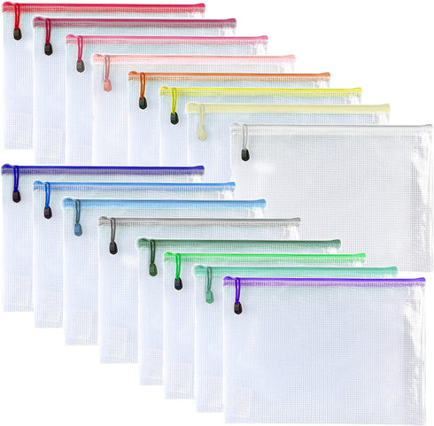 Oaimyy 16 Pcs Plastic Mesh Zipper Pouch Document Folders - Zip File Bags for Office Supplies, Home, Travel Storage