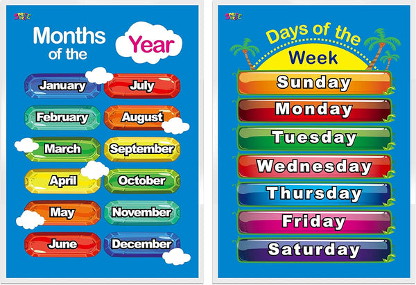 SpriteGru Days of the Week, Months of the Year, 2 LAMINATED Educational Posters for Toddlers