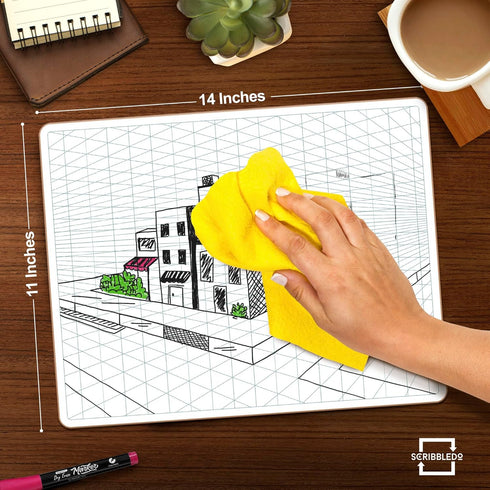 SCRIBBLEDO 11”x14” 2 Point Perspective Grid Dry Erase Board, Double-Sided Graphing Charts for Home School