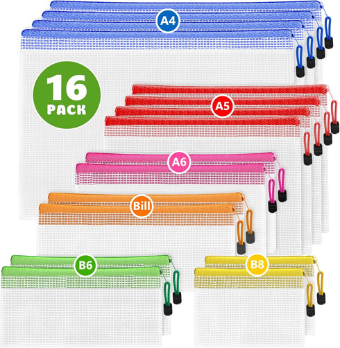 JUZARI 16 Pack Assorted Sizes Plastic Mesh Zipper Pouches - Storage & Organize Board Games, Puzzles, Documents, Bills,