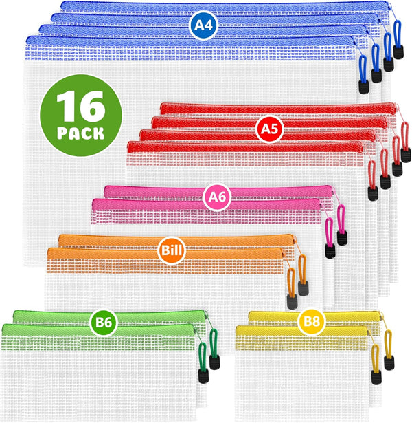 JUZARI 16 Pack Assorted Sizes Plastic Mesh Zipper Pouches - Storage & Organize Board Games, Puzzles, Documents, Bills,