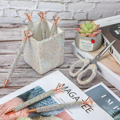 Qilery 8 Pcs Bling Desk Accessories for Valentines, Includes Bling Pen Holder, Crystal Pens, Scissors, Makeup Brush