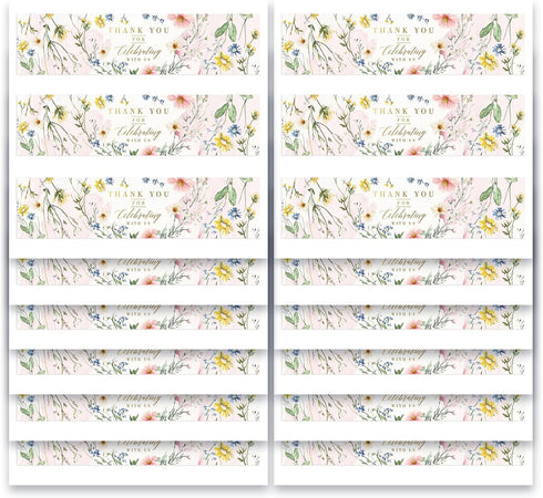 50 8.27" 1.97" Mobiusea Creation Pcs Wild Floral Water Bottle Labels x Thank You Water Bottle Wraps with Gold Foil Text
