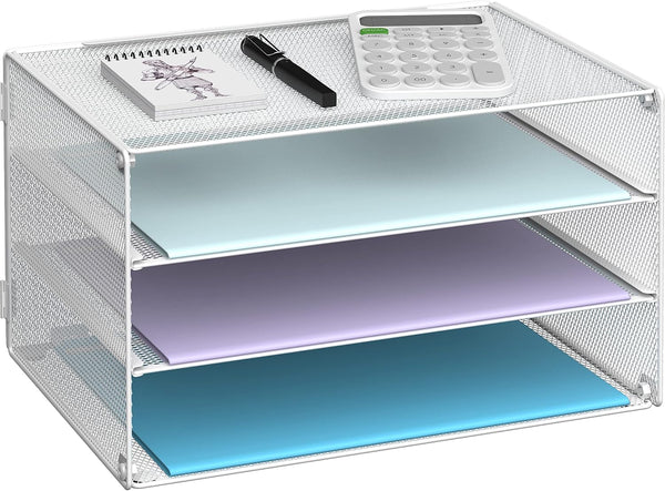 DALTACK 3 Tier Mesh Metal Letter Tray Paper Organizer for Home & Office, White