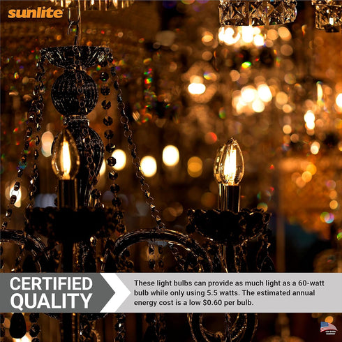 B11 Bulb, 5.5 (60W 600 E26 Dimmable, 90 2700K 6 Pack Sunlite LED Filament Torpedo Chandelier Light Watts Equivalent)