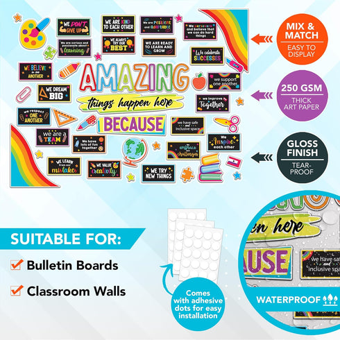 Decorably 49 Pcs Bulletin Board Decorations for Elementary - Amazing Things Happen Here with Borders