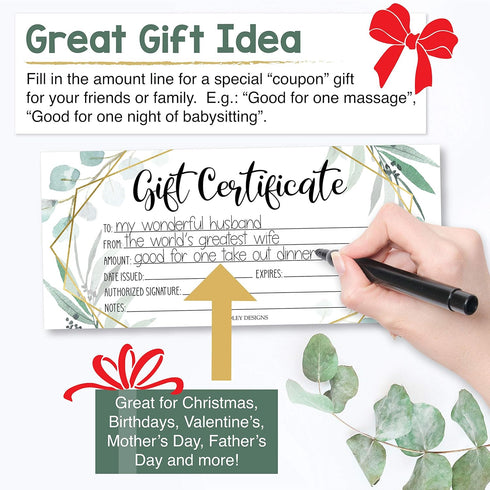 Hadley Designs 25 Geometric Greenery Blank Certificates for Small Business, Paper Voucher for Massage, Hair & Nail