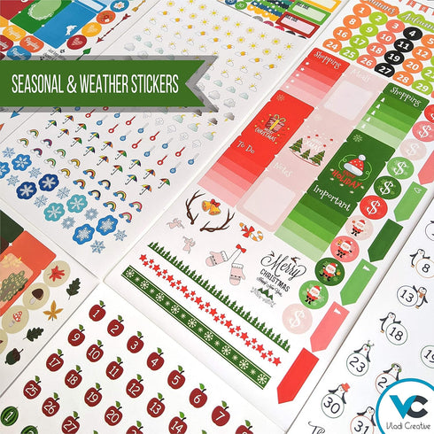Vladi Creative Cute Colorful Planner Stickers – 1054 pcs / 15 Sheets – Functional & Decorative Icons, Dates, Weather,