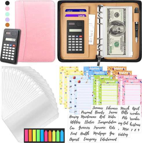 Budget Binder with Zipper Envelopes - Cash Envelopes for Budgeting, A6 PU Leather Planner with Calculator