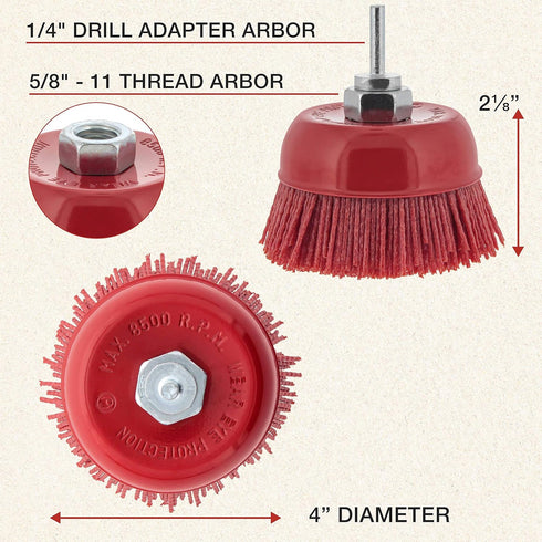 Dura-Gold 4" Abrasive Filament Nylon Bristle Cup Brush, Coarse Grit for Angle Grinder, 5/8" 11 Thread