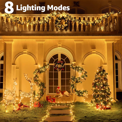 196FT 600 8 LED Christmas Lights Outdoor Waterproof, Timer & Memory Function, Modes Warm White String Lights Plug