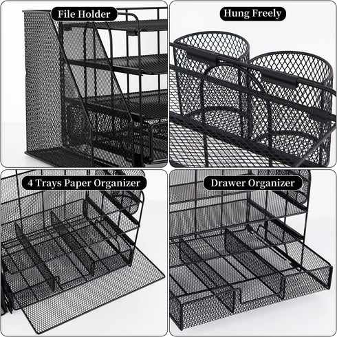 gianotter 4-Tier Desk Organizer with Drawers, File Holders, and Pen Holders for Office Supplies, Black