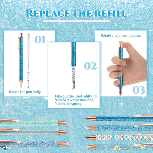 Sherr 7 Pcs Fancy Pens for Women, Cute Sparkly Glitter Pens with 10 Pcs Black Ink Refills, Gifts for Girls