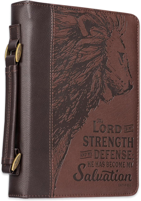 Christian Art Gifts Men's Classic Bible Cover, The Lord is My Strength Lion Exodus 15:2, Brown Faux Leather, Large Size