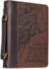 Christian Art Gifts Men's Classic Bible Cover, The Lord is My Strength Lion Exodus 15:2, Brown Faux Leather, Large Size
