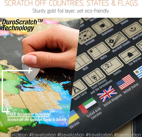 Scratch Off World Map with 196 Country Flags, 24" x 17" Frameable Travel Map, Black