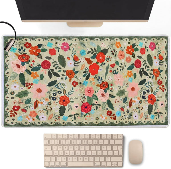 CrystalSylara Retro Large Floral Mouse Pad Vintage Boho Floral Desk Mat for Desktop