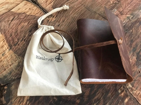 WANDERINGS Vintage Leather Journal - Handmade Leather Bound Notebook with Ivory Deckle Edge Paper, Perfect for Travel