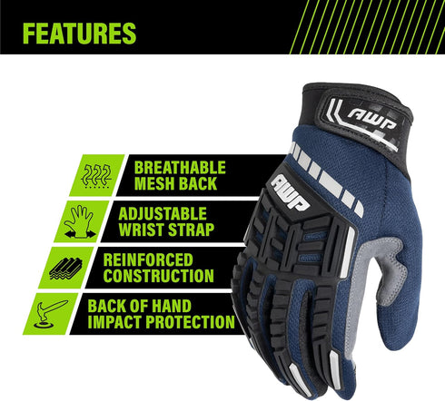 AWP Pro Protect Work Gloves for Men and Women, Large Blue, Full Back-Of-Hand TPR Impact Protection
