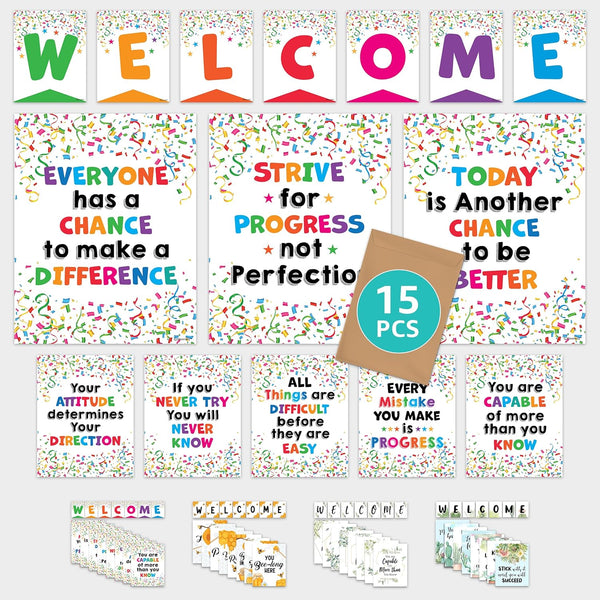 Decorably Welcome Posters for Classroom - 15 Confetti Themed Decorations and Welcome Sign