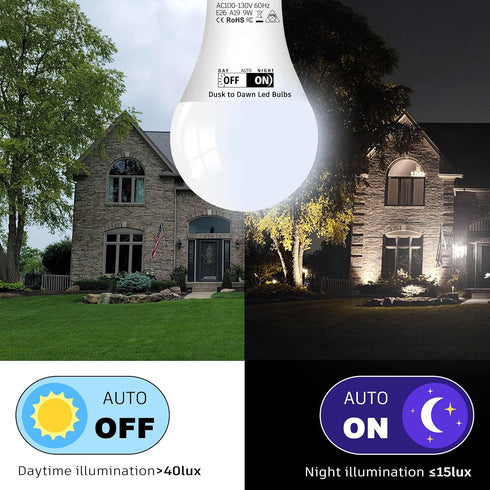 ALIDE Bulbs 9W Bulbs 6000k White,E26 A19 75W 1000LM Bulbs,2Pack Dusk to Dawn Outdoor Light for Outside Porch Patio