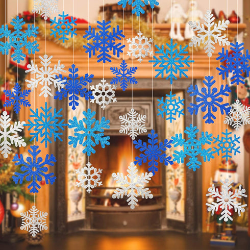 Whaline Snowflake Cut-Outs - 48Pcs Glitter Blue Silver Double-Sided Holiday Cut-Outs with Glue Point for Winter