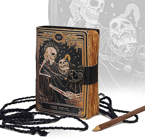 VC Book of Spells Leather Journal Deckle Edge Paper Grimoire Printed Journal The Devil Tarot Notebook Spiral Gothic Notebook Skull lover Antique Vintage Leather Journals for Men and Women by VC VINTAGE COUTURE