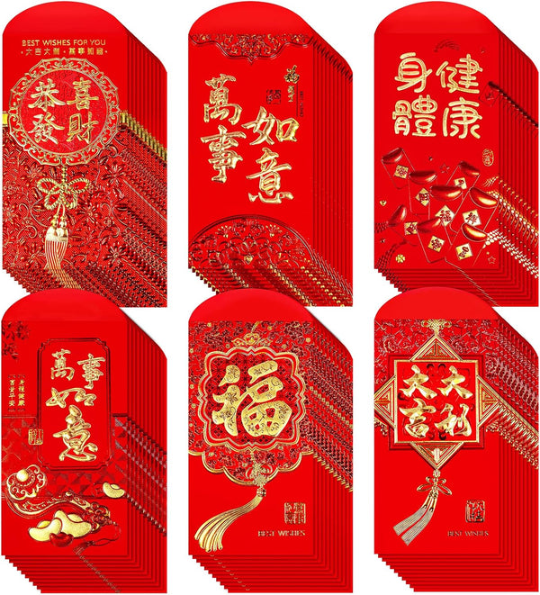 Winlyn 120 Pcs Asian Red Envelopes, 6 Designs for Chinese Hong Bao, Lucky Money Envelopes for Lunar New Year 2024