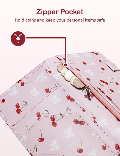 Zreal Cute Server Book for Waitress, Waiter Book with Zipper and Magnetic Pocket, Cherry & Bow Print Serving Book