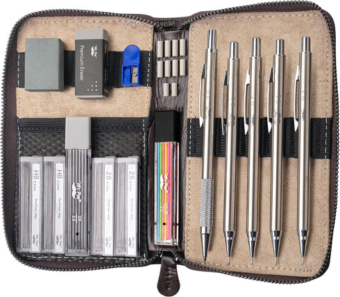 Mr. Pen Metal Mechanical Pencil Set - 5 Sizes in Leather Case for Sketching, Drafting, Mechanical Pencils
