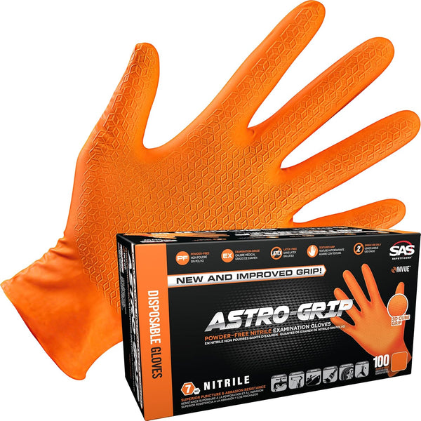 Astro-Grip Powder-Free Nitrile Disposable Gloves - Exam Grade, Size Large, Orange, 7 mil Thickness, Pack of 100