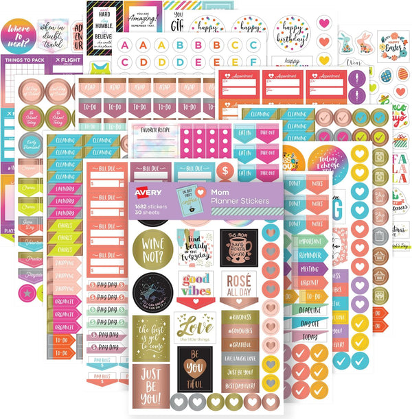Avery Mom Planner Stickers Variety Pack, 30 Sheets, 1,682 Stickers for Journal, Planner or Calendar (6780)