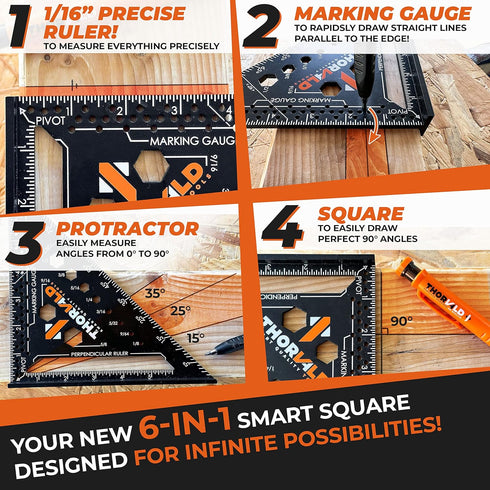 THORVALD 6-in-1 Carpenter Square 7 inch (1/16" Precision) T square Multi-Purpose Carpenter Tools : Wrench, Square, Protractor, Ruler, Marking Gauge, Drill Gauge, includes 2-in-1 Carpentry Pencil