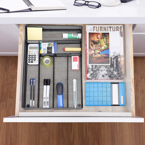 WuGeShop Desk Drawer Organizer | 6 Compartments Mesh Tray for Stationery & Office Supplies, Black