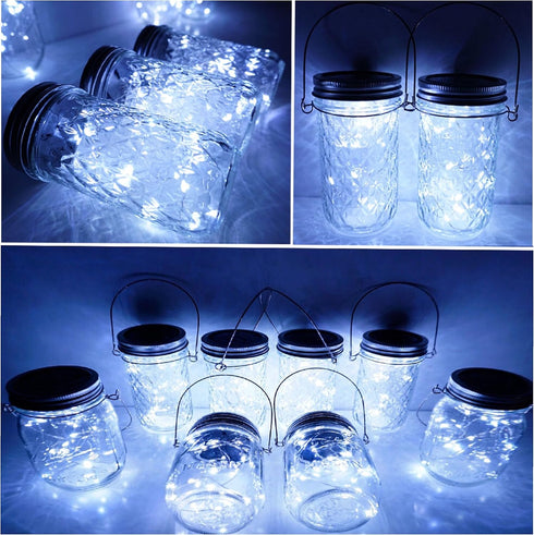 Solar Mason Jar Lid String Lights, 8 Pack 20 LED Fairy Firefly Lights with Hangers for Patio Garden Wedding Decor