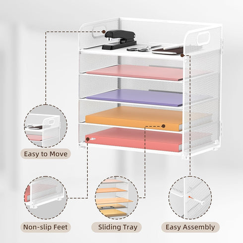 Supeasy 5 Trays Paper Organizer with Handle, Mesh Desk File Organizer, White Paper Sorter for Office, Home, or School
