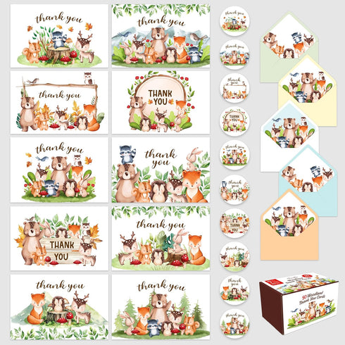 Decorably 50 Pack 6x4in Woodland Thank You Cards with Envelopes and Stickers,