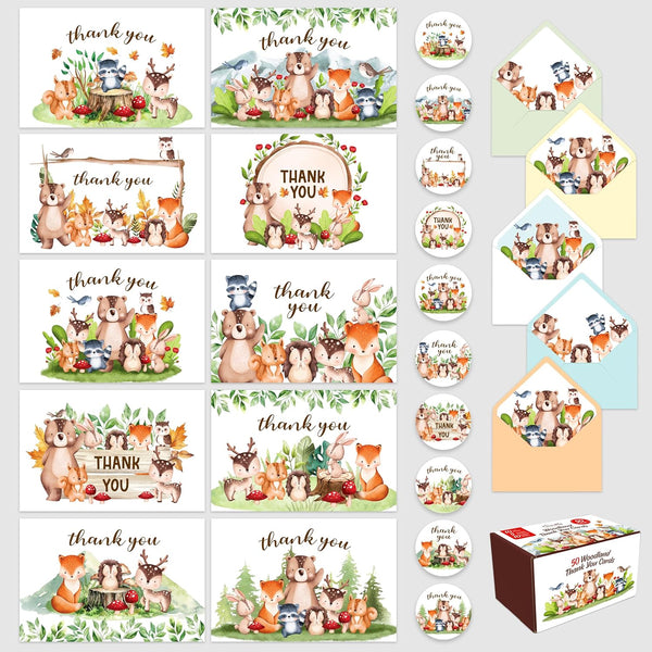 Decorably 50 Pack 6x4in Woodland Thank You Cards with Envelopes and Stickers,