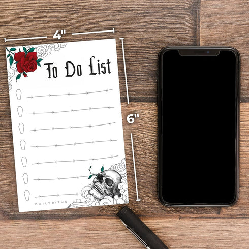 Gothic Skull Sticky To Do List Notepad, Witchy Gifts for Women, Creepy Spooky Goth Emo Stuff, 50 Pages