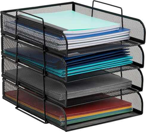 Mind Reader Stackable Paper Tray, 4 Pcs Desktop Organizer, Metal Mesh File Storage, 10.5" L x 13.5" W x 11.25" H, Black