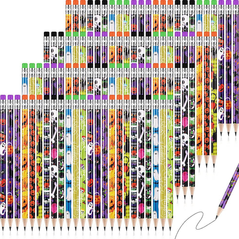 Yexiya 120 Pieces Halloween Pencil Bulk - Cute Wooden Pencils with Eraser and Assorted Patterns for Kids